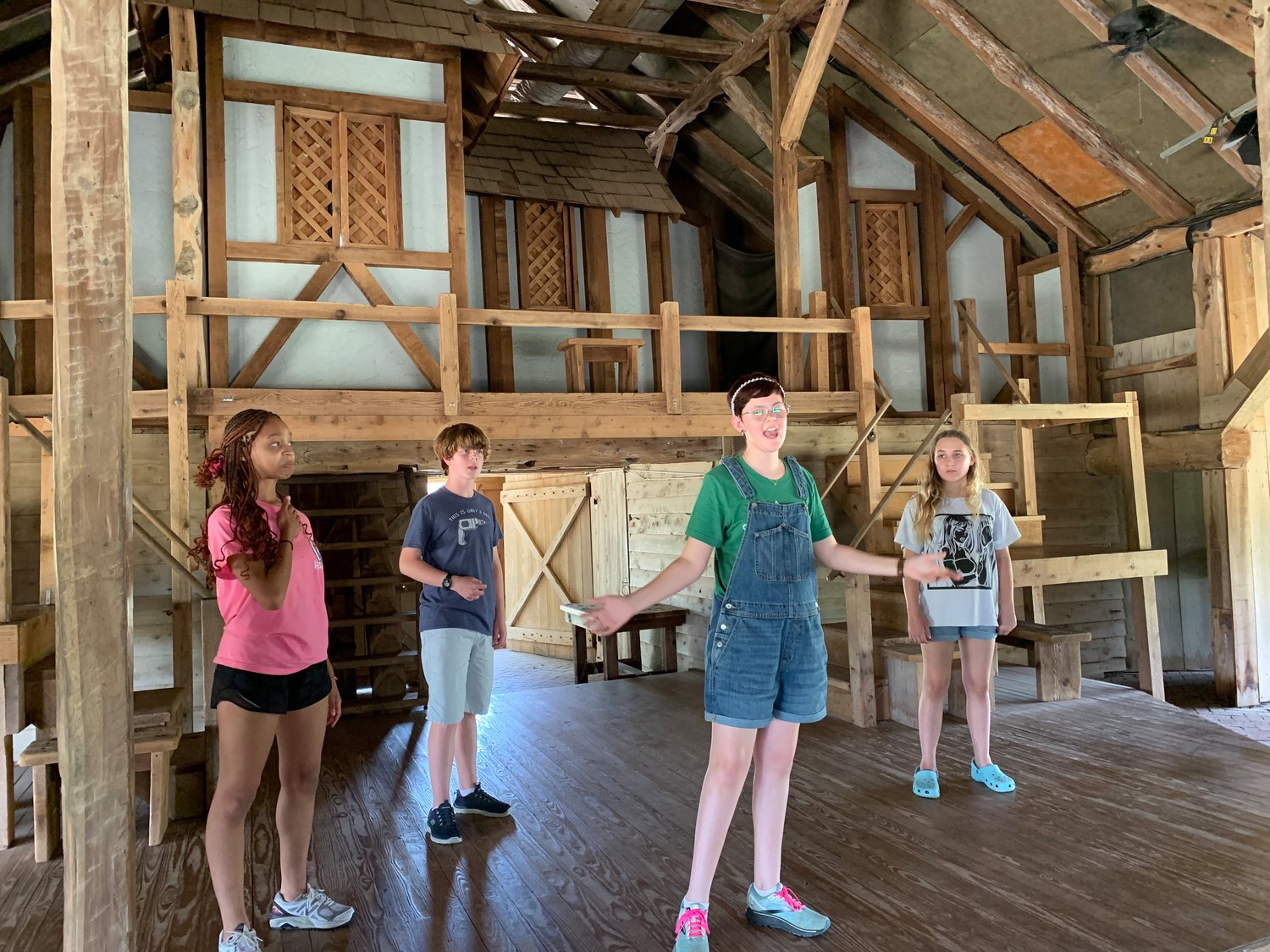 Gonzales resident Lena Salazar, front, works on a scene from “As You Like It” with other Camp Shakespeare castmates in the Winedale Theatre barn. Camp Shakespeare’s first 2022 performance of the comedy will be at the Crystal Theatre in Gonzales this Friday, June 24, at 3:30 p.m.